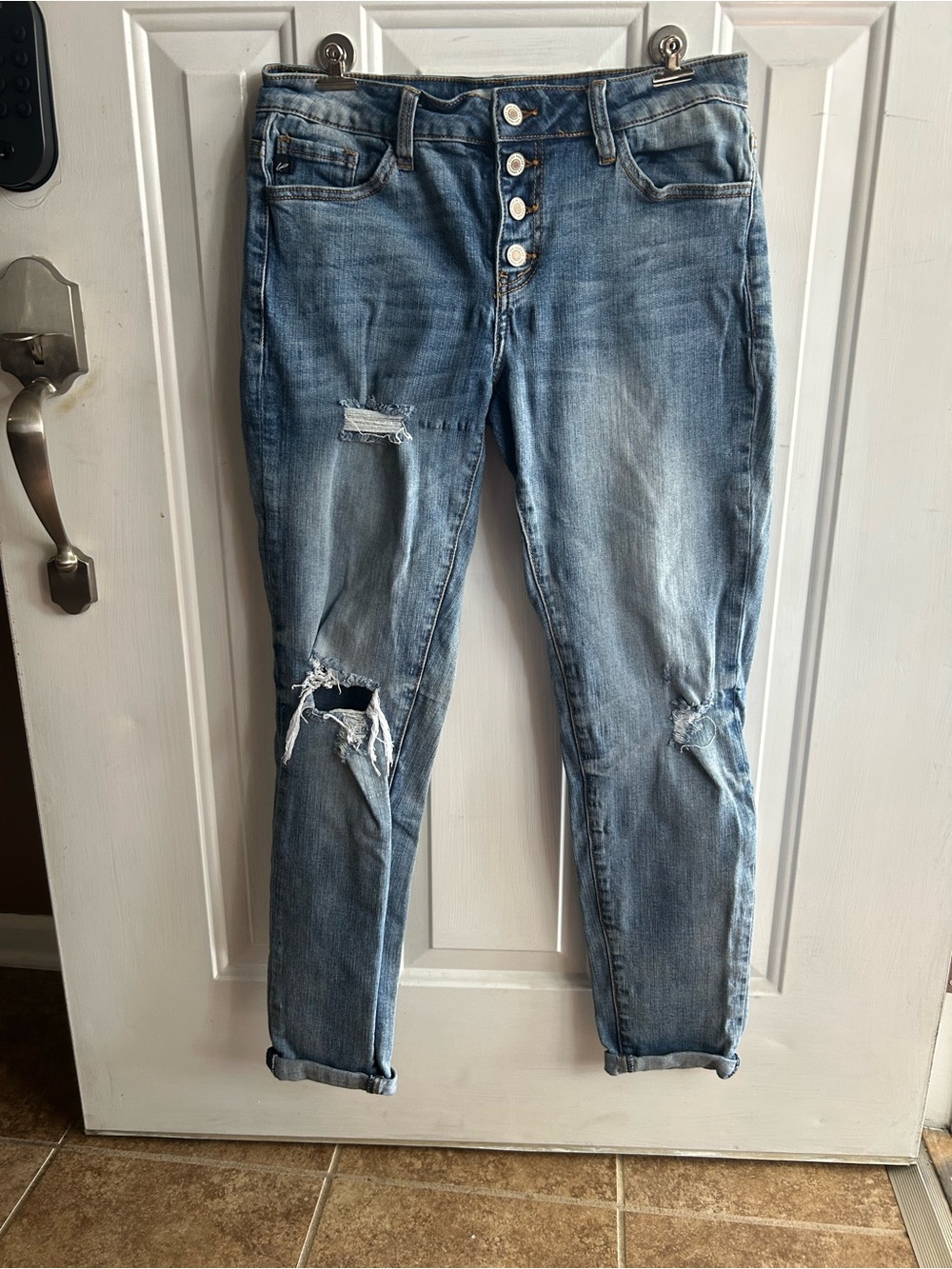 Women’s Distressed Light Blue Button-Fly Jeans KanCan